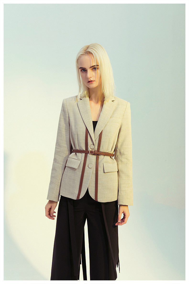 Fashion Leather Belt Patchwork Blazer Jacket 3