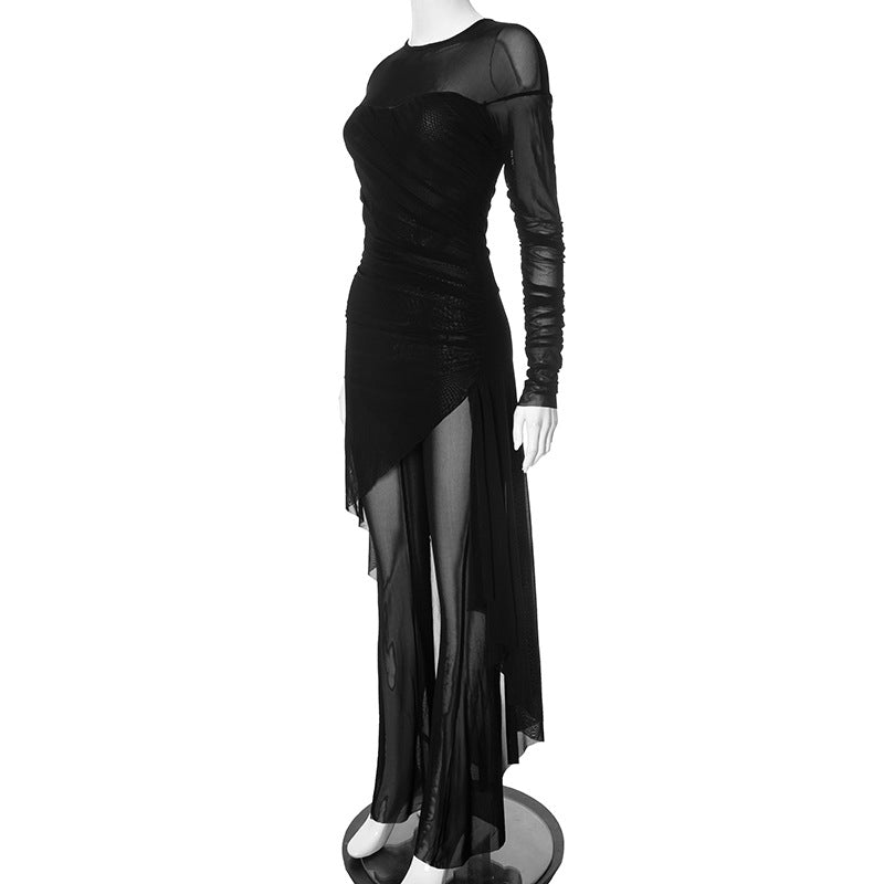 Spring Summer Round Neck Mesh See Through Irregular Zipper Pants Set 6