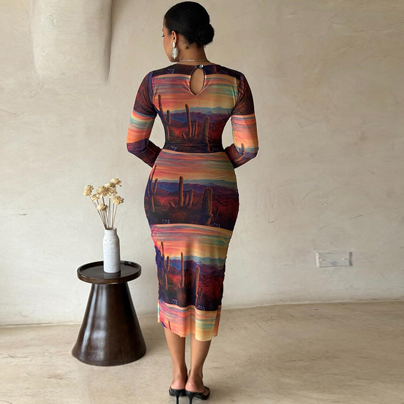 Fashion Holidays Round Neck Printed Long Sleeve Street Trend Slim Bodycon Women Dress