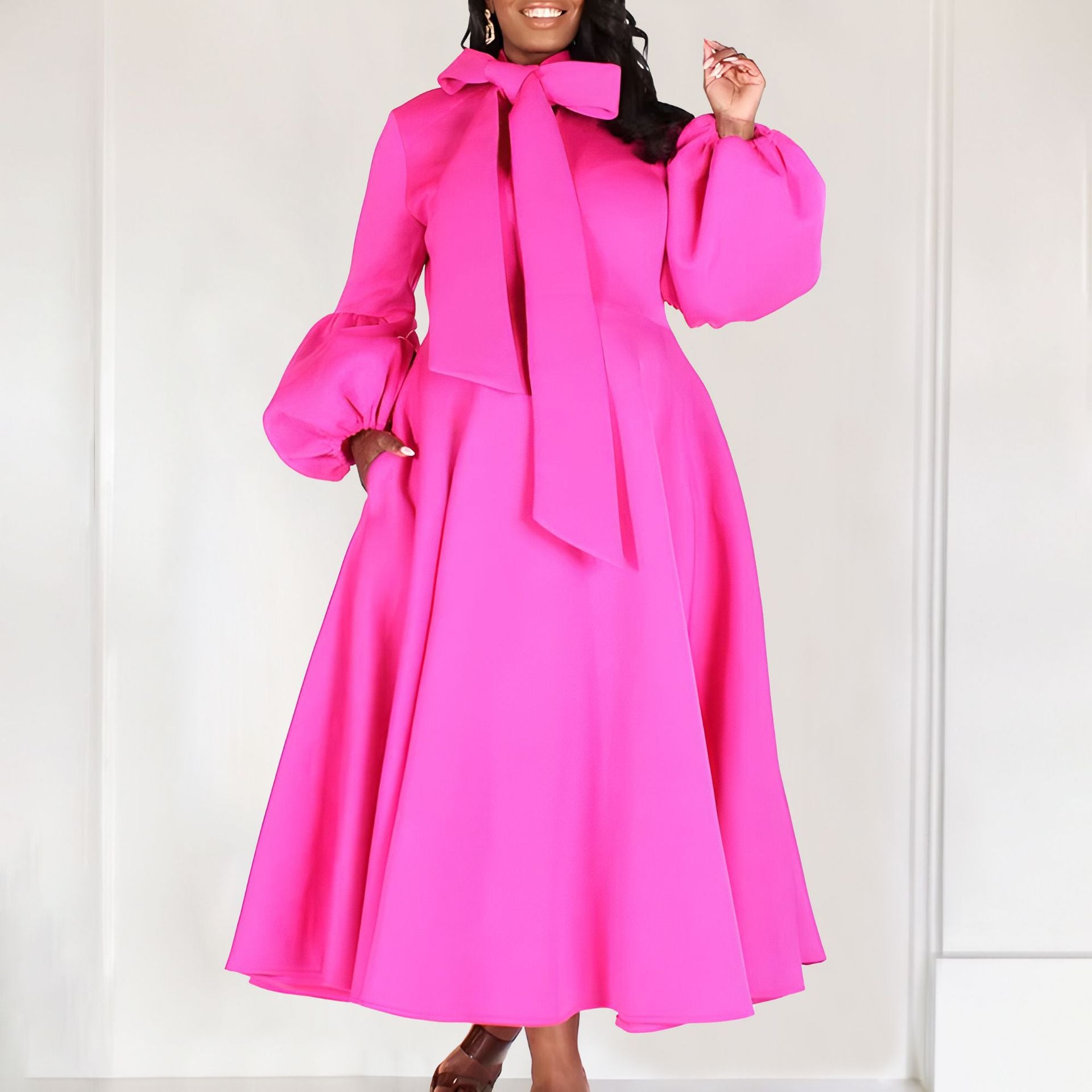 Women's Puff Sleeve Bow Tied High Waist A-Line Party Dress 5