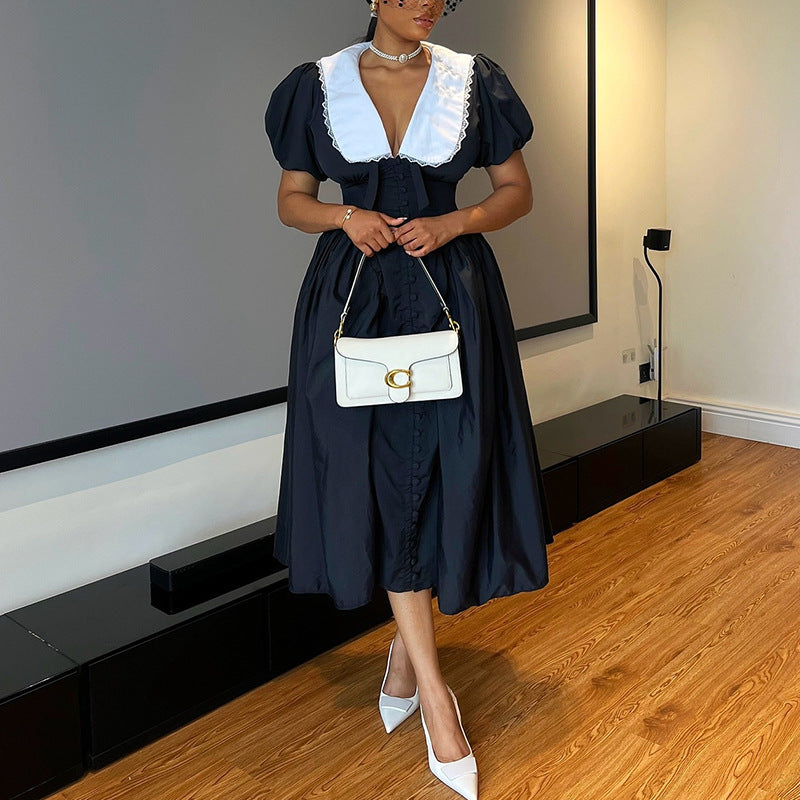 Women autumn and winter French puff sleeve Maxi dress 6