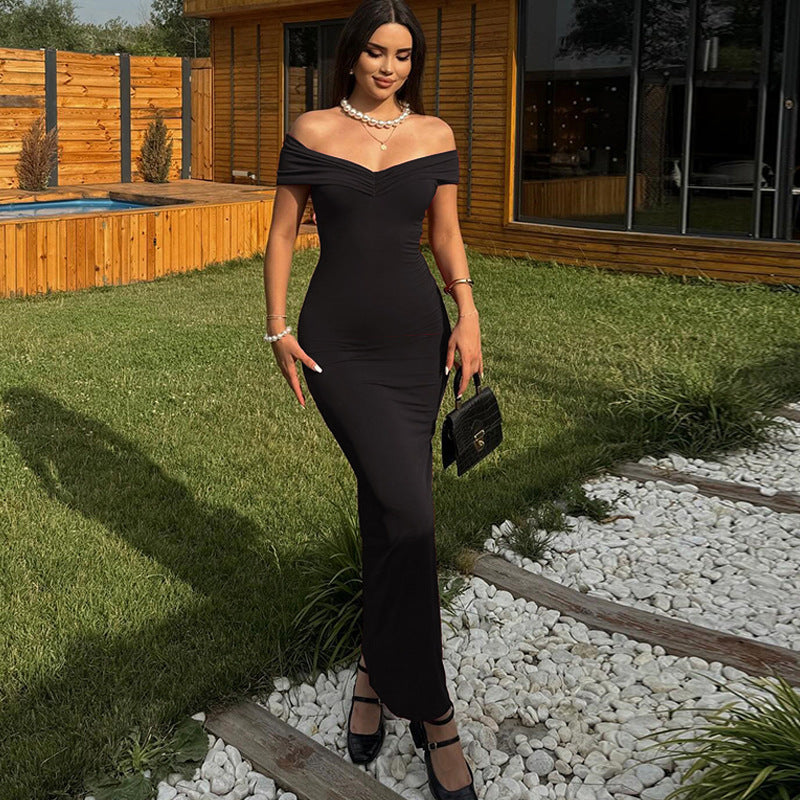 Women Fall Solid Sexy Off Shoulder Backless Off Shoulder Strapless Dress 6