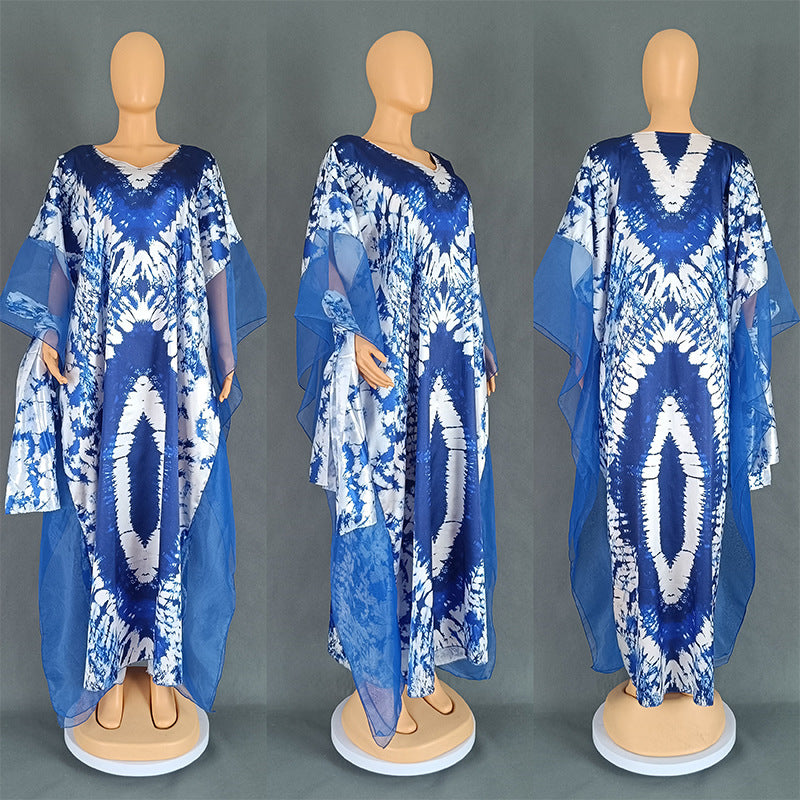 Women's clothing African long robe mesh print dress with headscarf 9