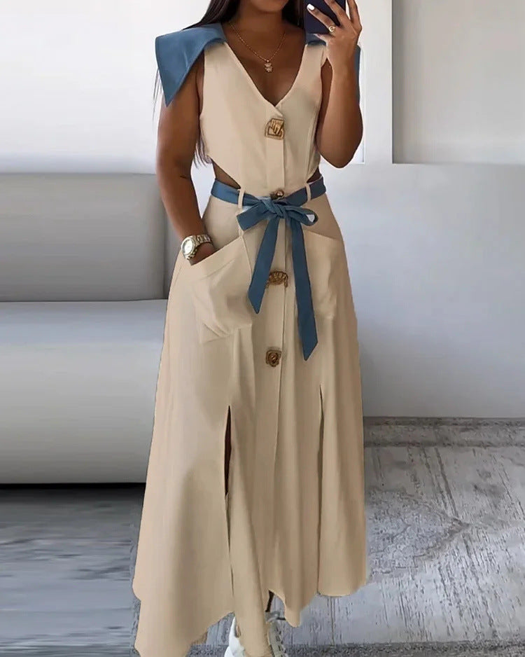Color-Block Turndown Collar Sleeveless Hollow Belt Slit Maxi Dress