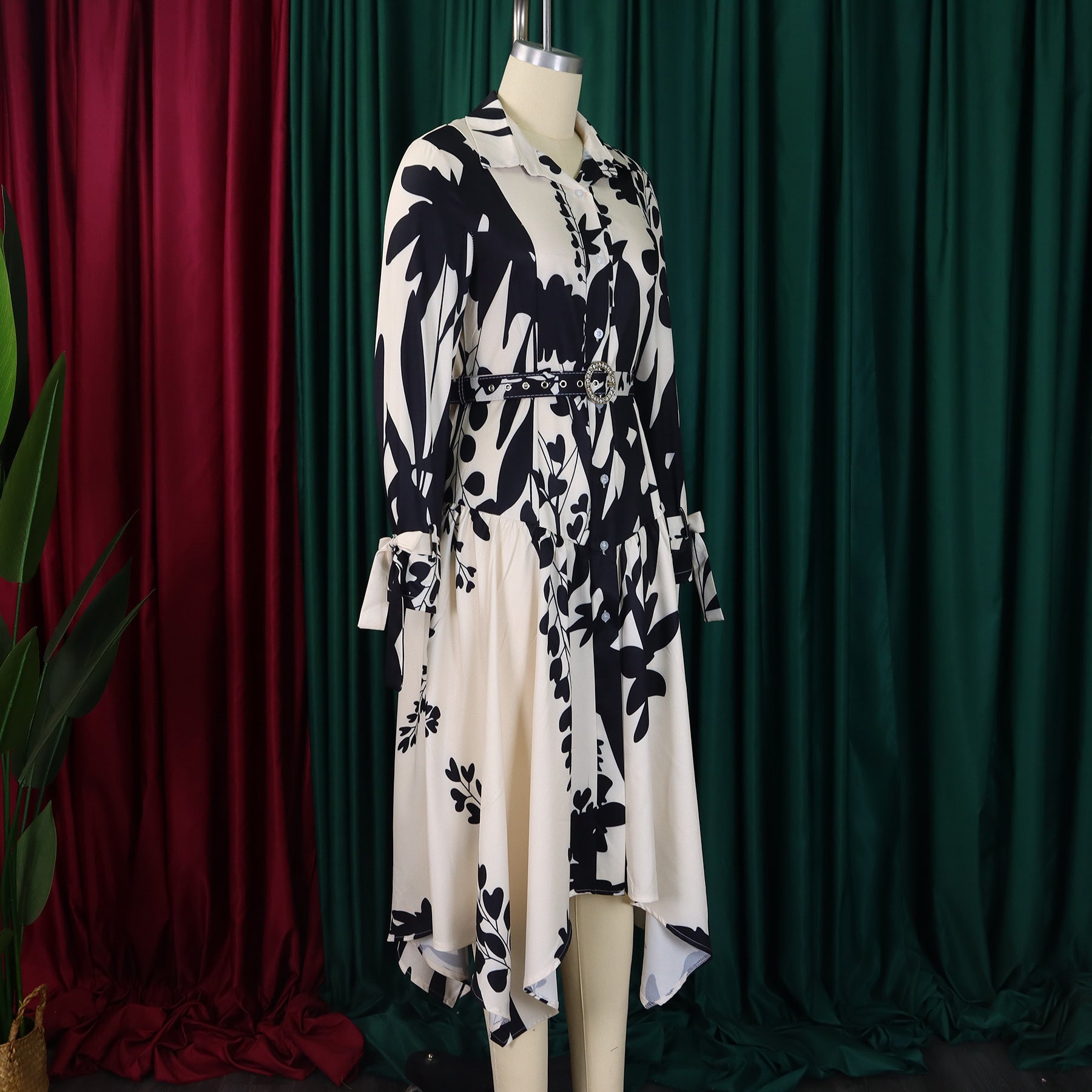Women's Fashion Chic Print Turndown Collar Long Sleeve Belt Irregular Print Dress 18