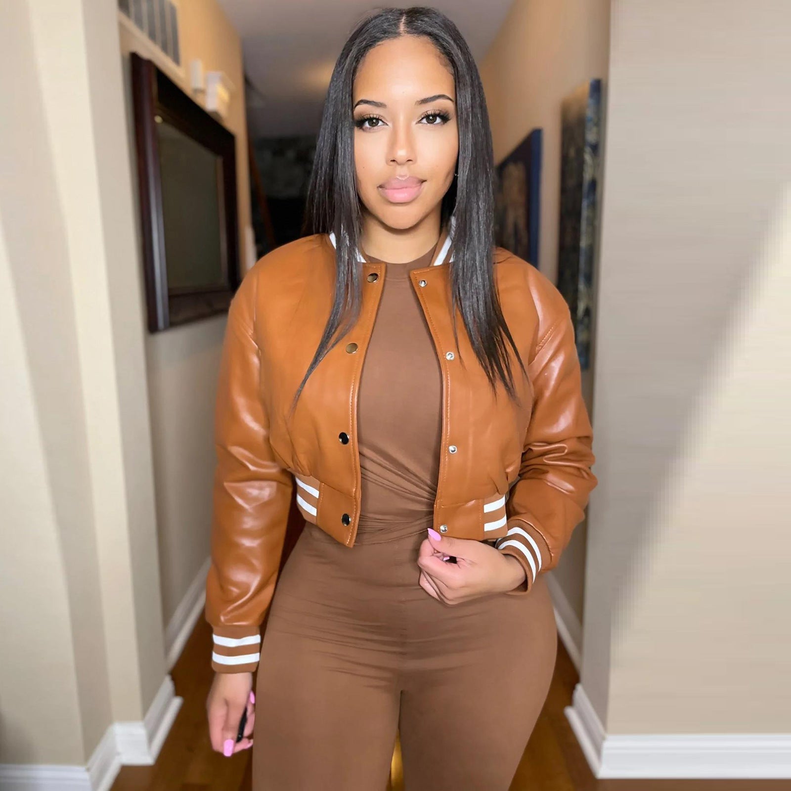 WomenCasual Ribbed Collar Pu-Leather Jacket 21