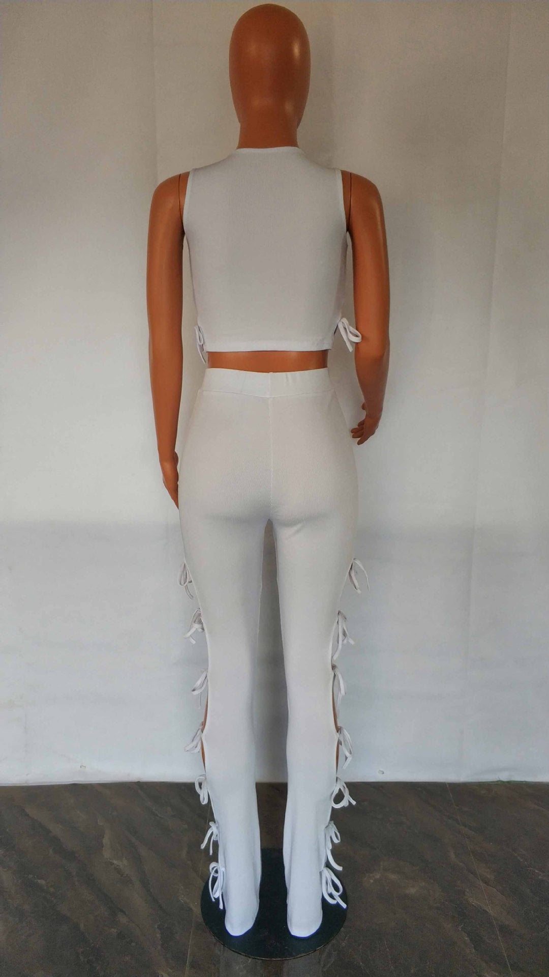 Women's Fashion Summer Style Cutout Tie Solid Color Ribbed Sleeveless Two-Piece Pants Set 13