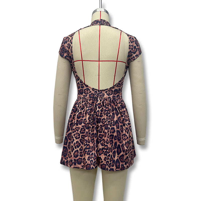 Autumn And Winter Women's Sexy Low Back Round Neck Slim Fit Leopard Pleated Dress 8