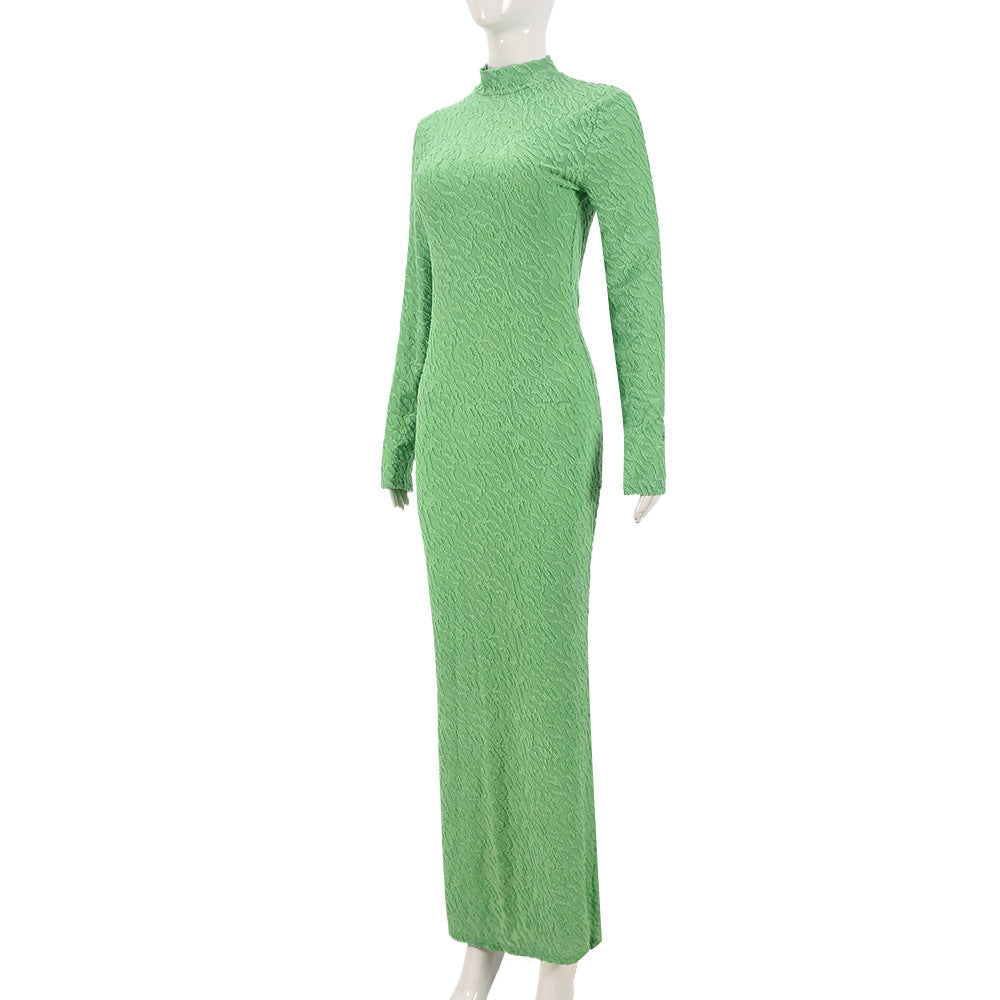 Autumn Round Neck Long Sleeve Flocking Slim Women Dress 7