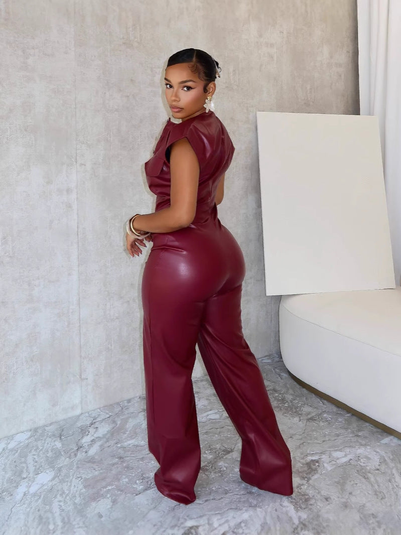Women's Fashion Sleeveless Pu Leather Jumpsuit 3
