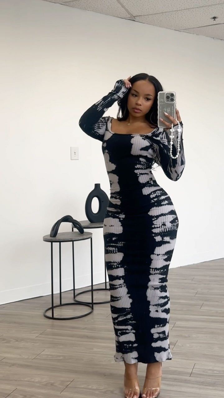 Women Spring Ribbed Printed Back Slit U-Neck Dress 6