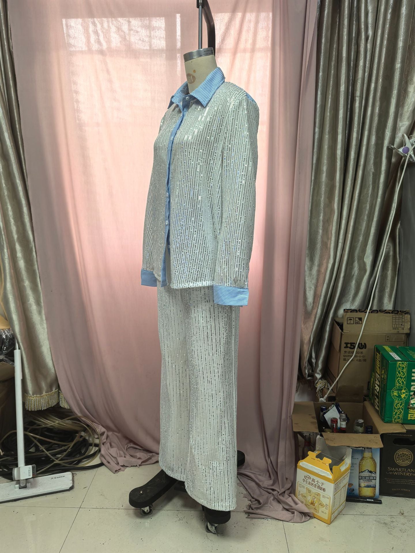 Women Casual Sequin Blazer and Wide-Leg Pants Two-Piece Set 12