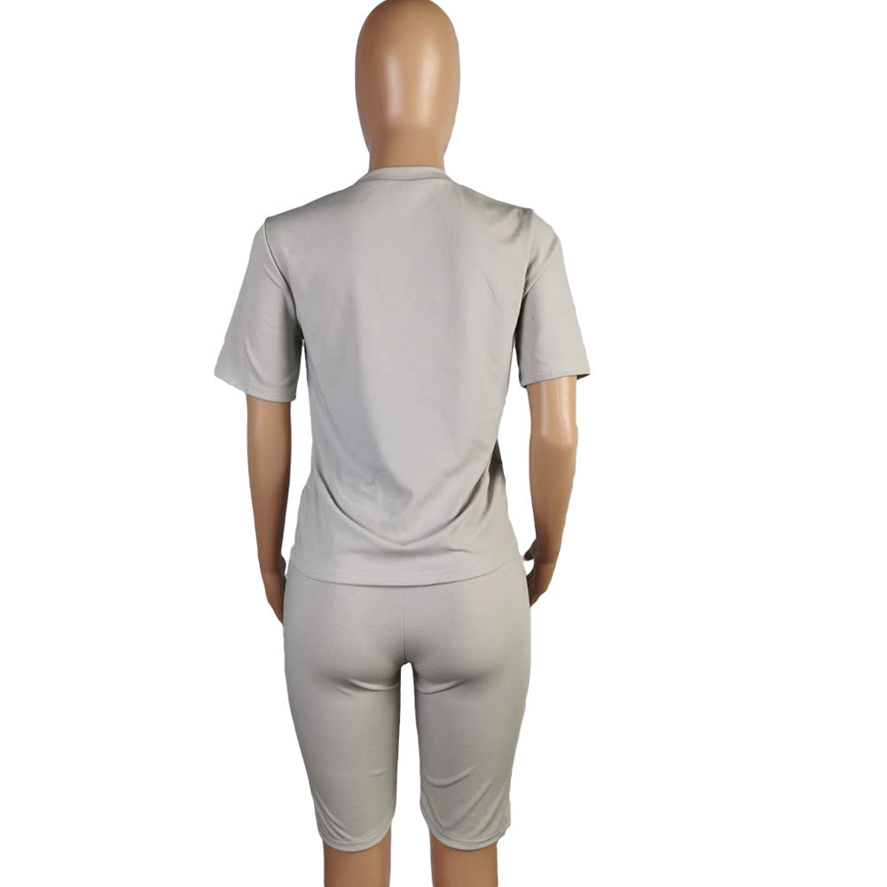 Women Clothing Solid V-Neck Tshirt+Pocket Shorts Two-Piece Set 28