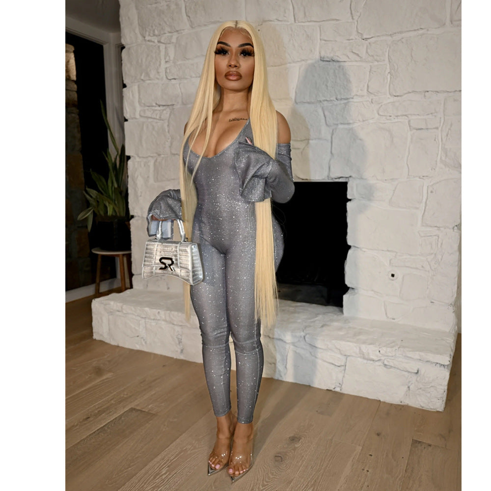 Autumn Winter Women's Tight Fitting Bell Sleeve Jumpsuit 5