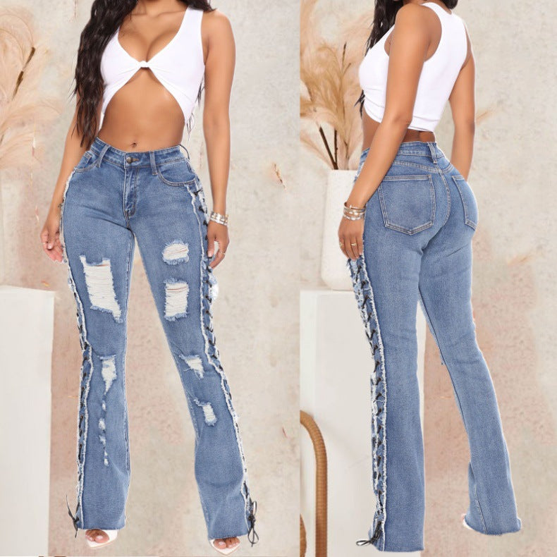Stretch Jeans Women Frayed Fashion Bell Bottom Washed Ripped Denim Pants 3