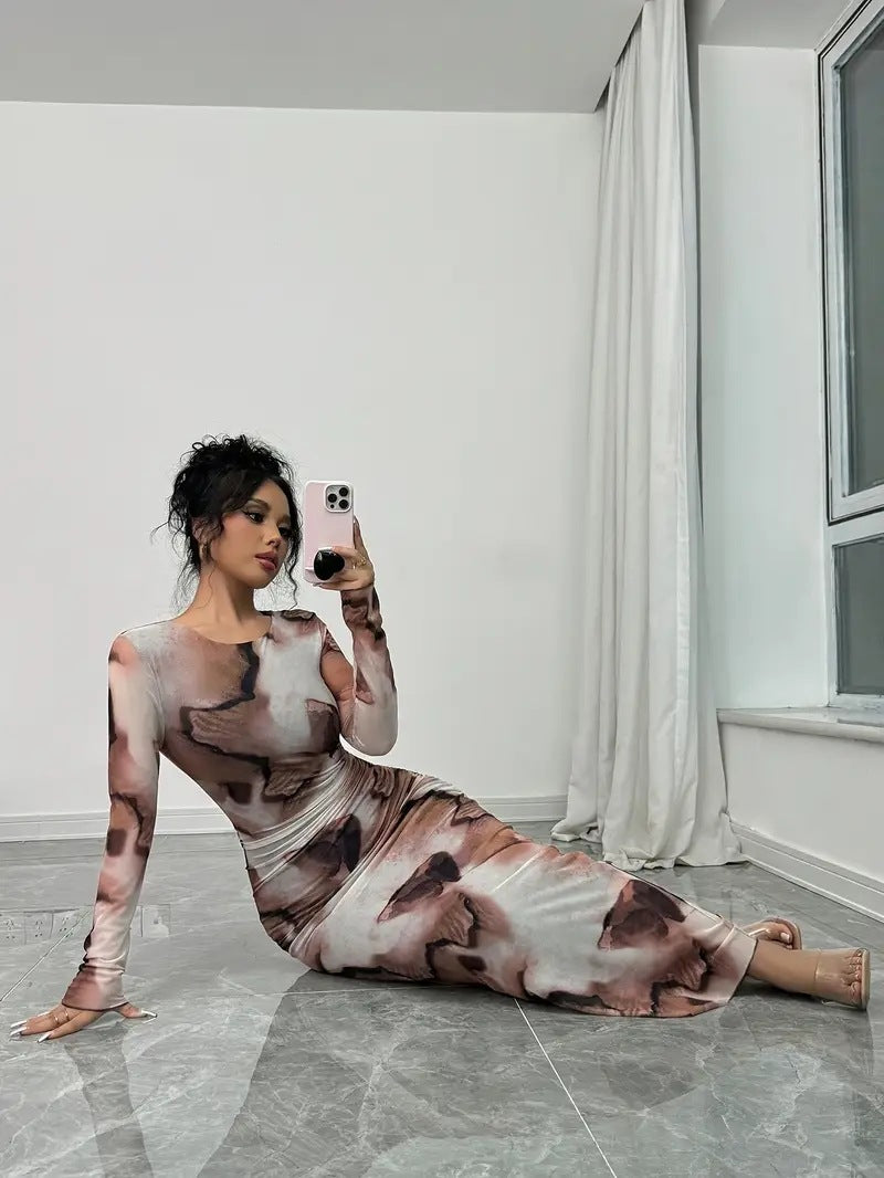 Women Spring/Autumn Printed American Style Long-Sleeved Maxi Dress 5