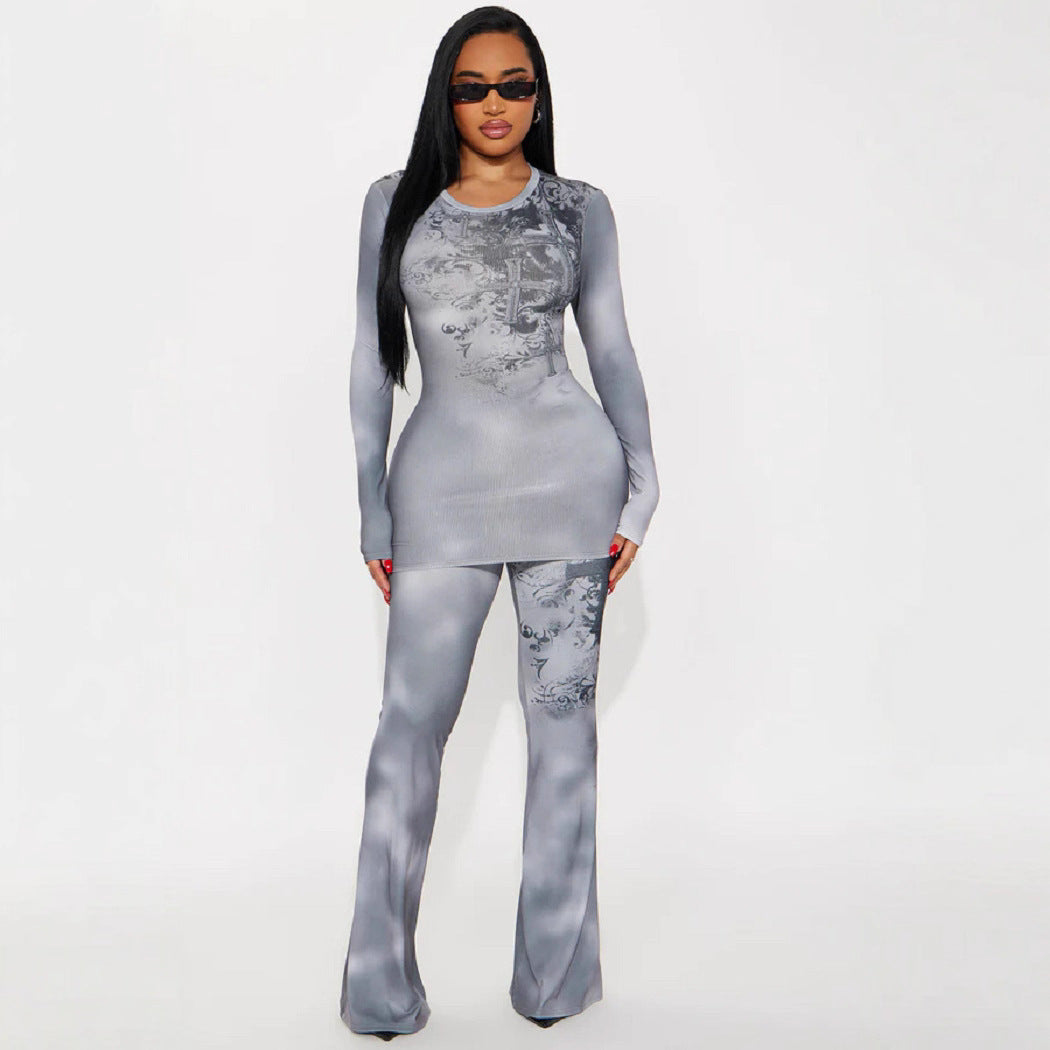 Women's Sexy Tie-Dye Gray Long Sleeve Top Flared Pants Two-Piece Set 5