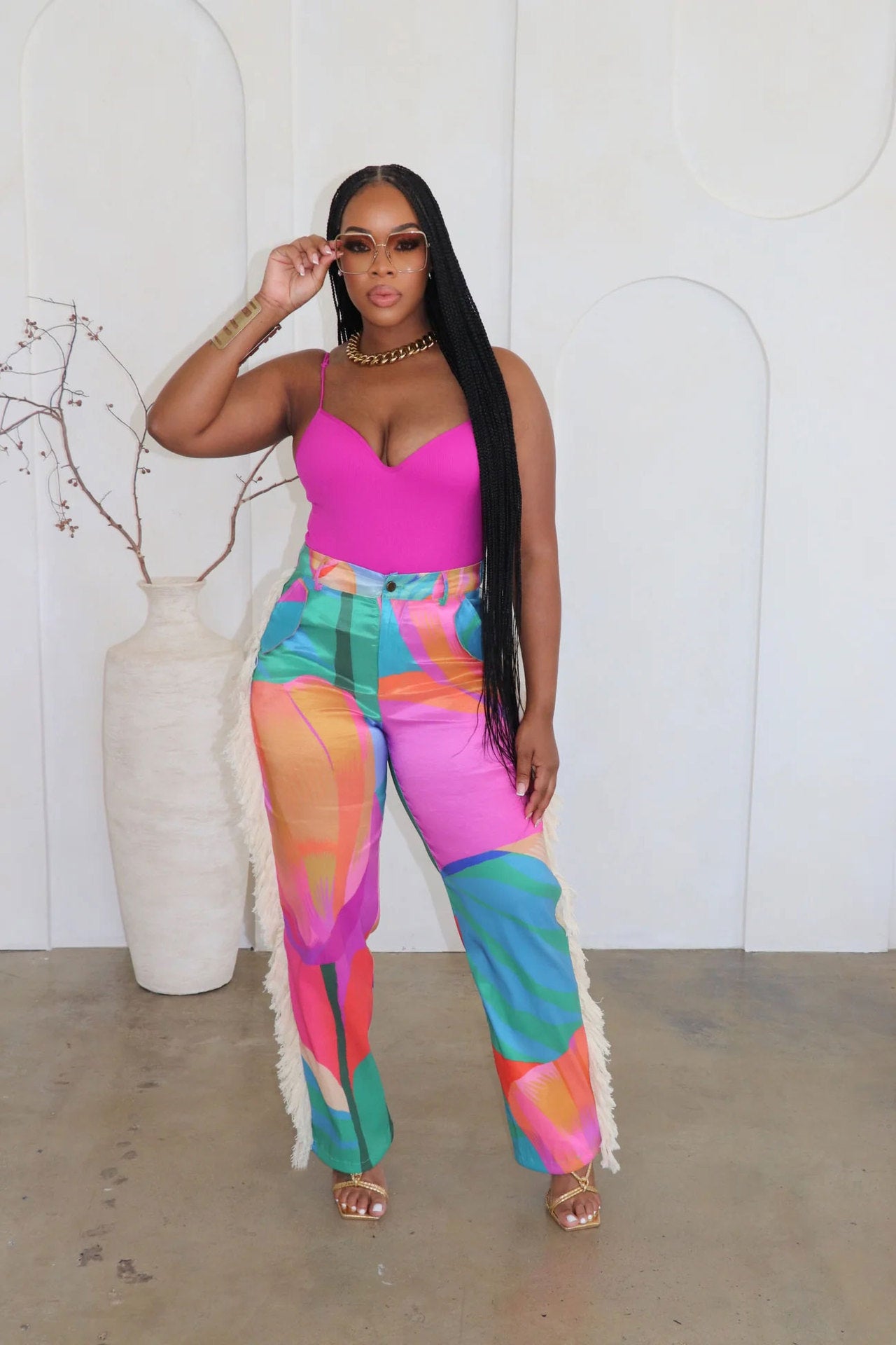 Women Sexy Printed Tassel High Waist Elastic Pocket Pants 5