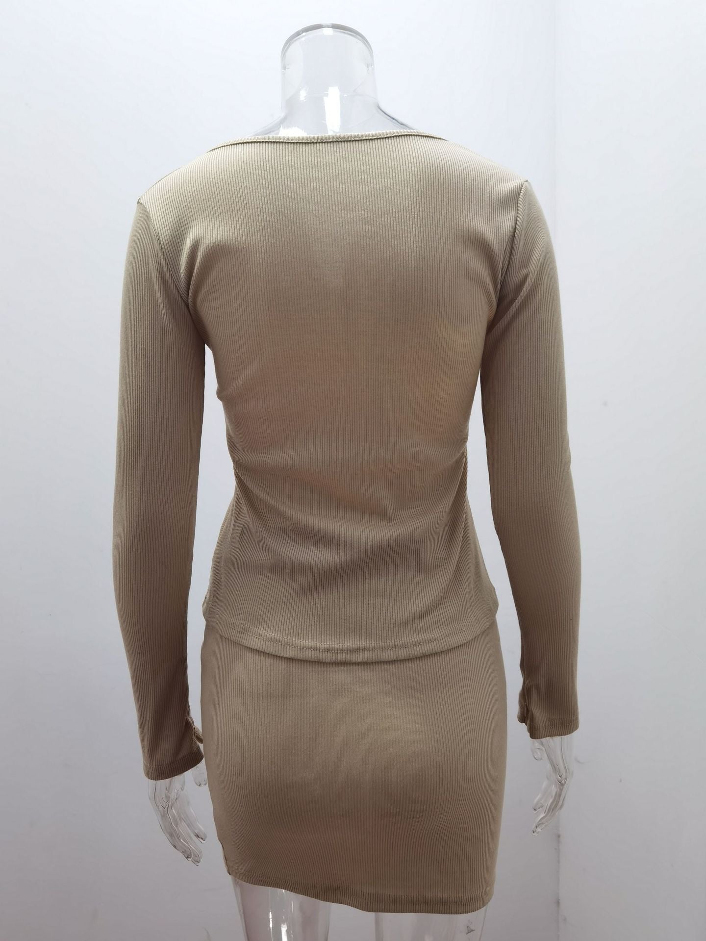 Spring Summer Women's Fashion Zipper Ribbed Long Sleeve Top & Short Skirt Two-Piece Set 12