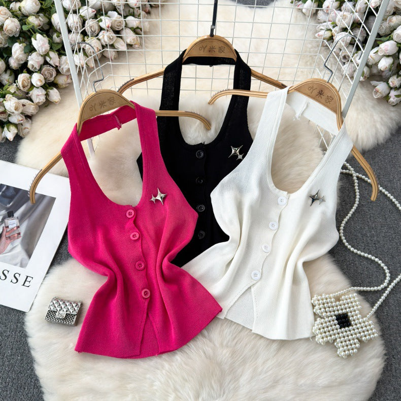 Fashionable Halter Neck Low Back Breasted Slim Fit Knitting Vest Women's Outdoor Wear Trendy Basic Top 21