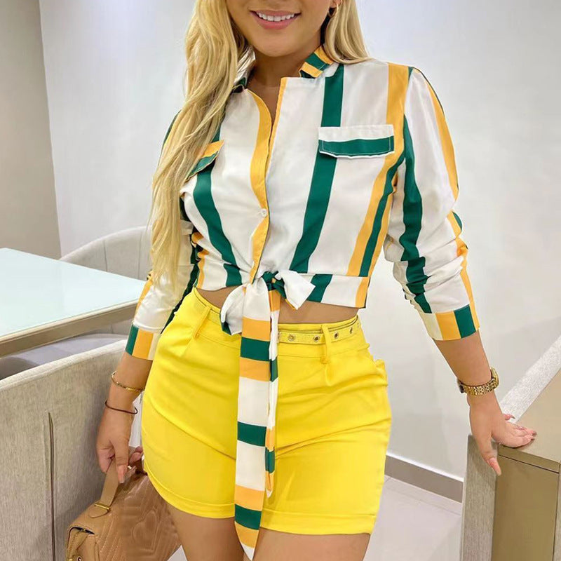 Women's Striped Digital Print Lace-Up Short Turndown Collar Shirt Shorts Two-Piece Set 6