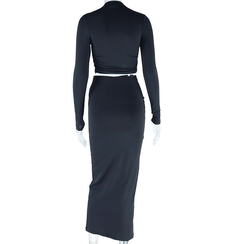 Solid Color Round Neck Irregular Long Sleeve Crop Top Slim Long Skirt Two Piece Set 13