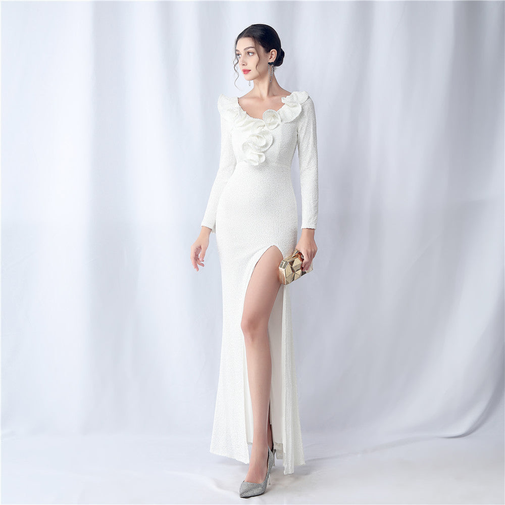 Ruffled Long Sleeve Sequins Party Dinner Wedding Evening Dress