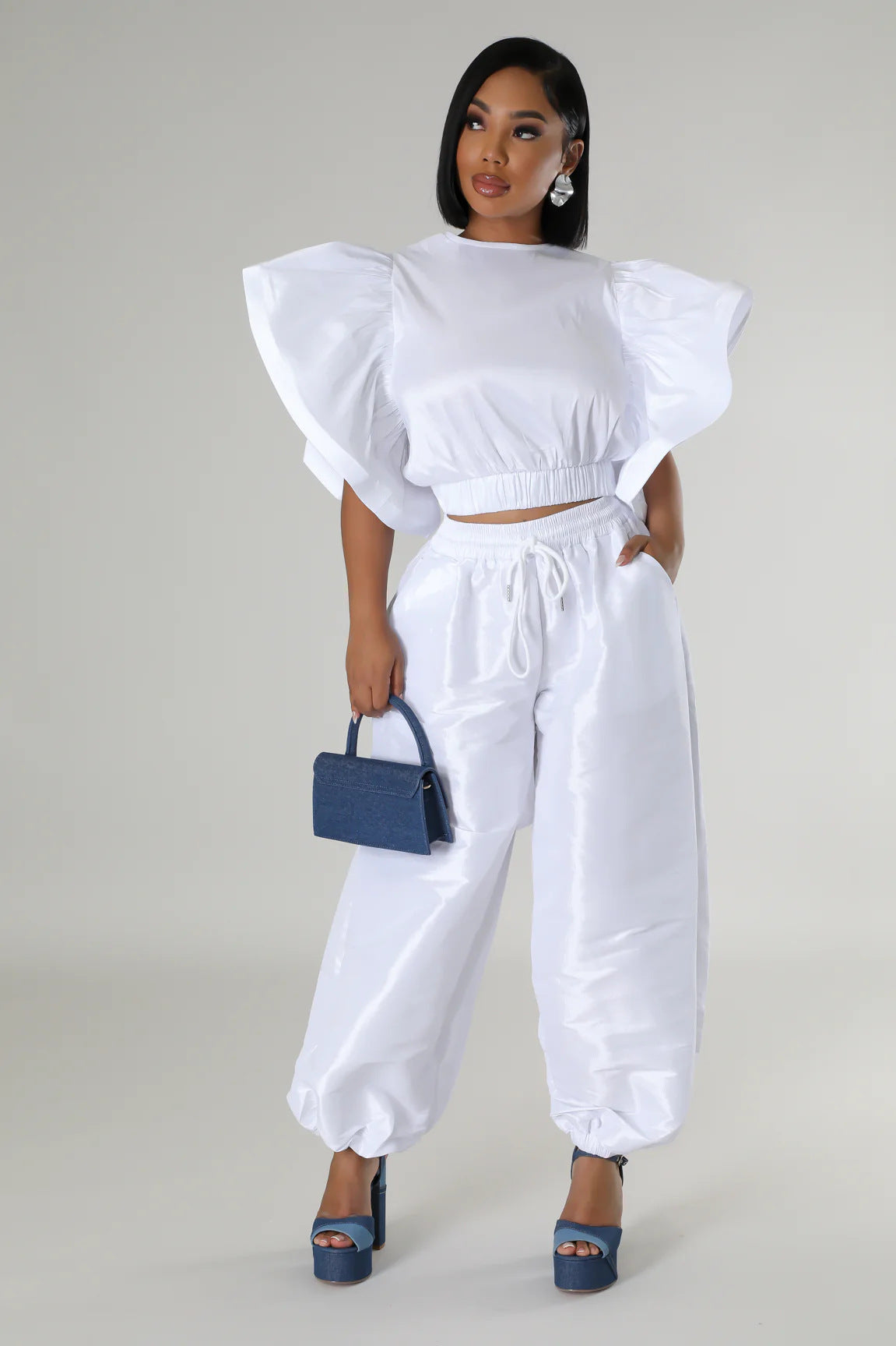 Women Ruffle Edge Sleeve Lace-Up Top and Elastic Pants Two-piece Set 3