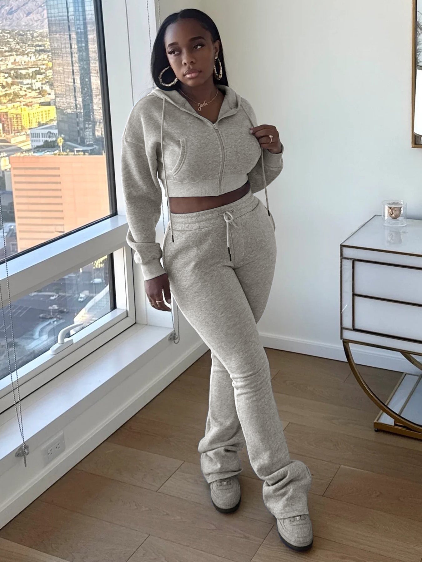 Women Hoodies and Bell Bottom Pants Two-Piece Set 12