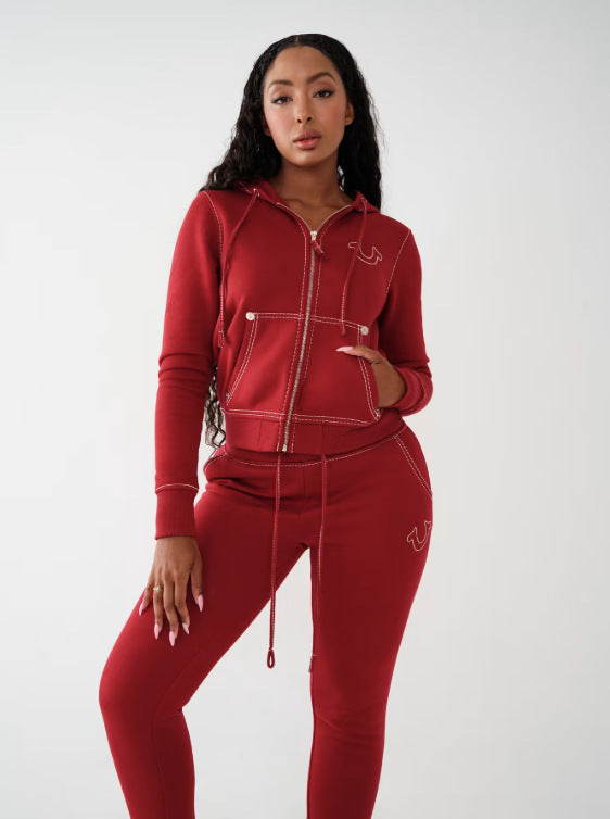 Women American Zippered Letter Print Hoodies and Pant Two-Piece Set 9