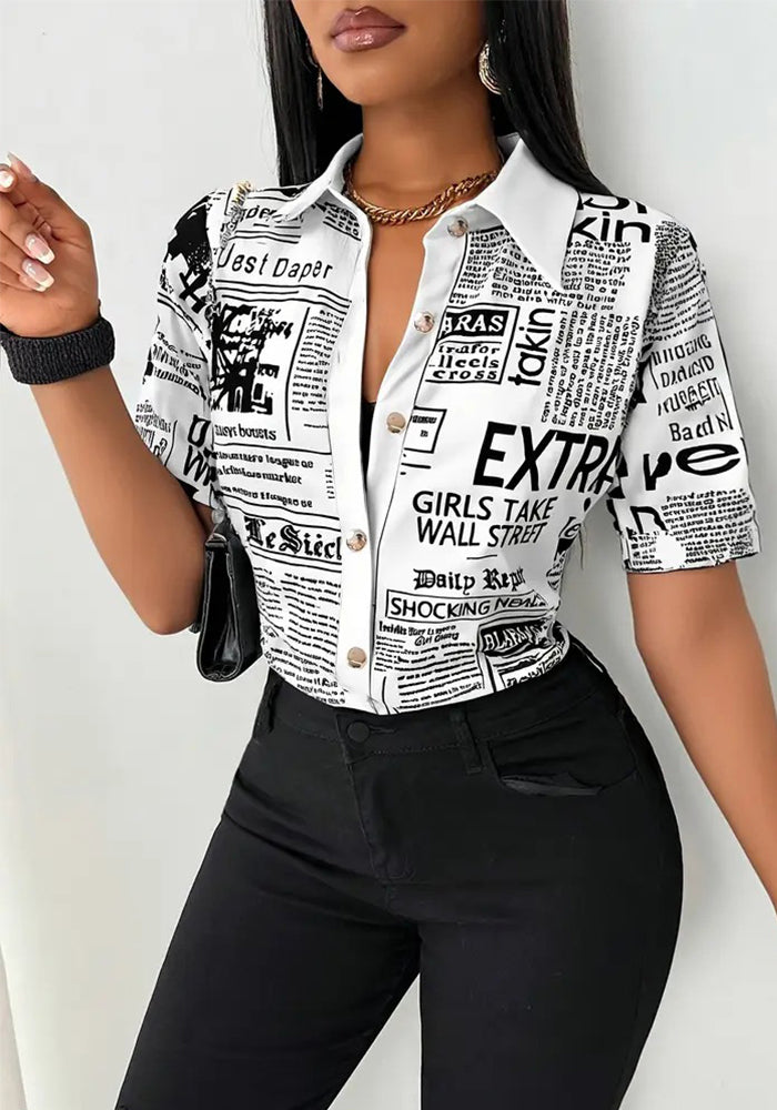 summer fashion newspaper print single-breasted v-neck women shirt