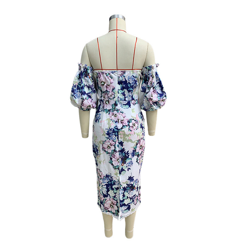 Women's Summer Fashion Sexy Short Sleeve Printed Off Shoulder Bodycon Dress 12