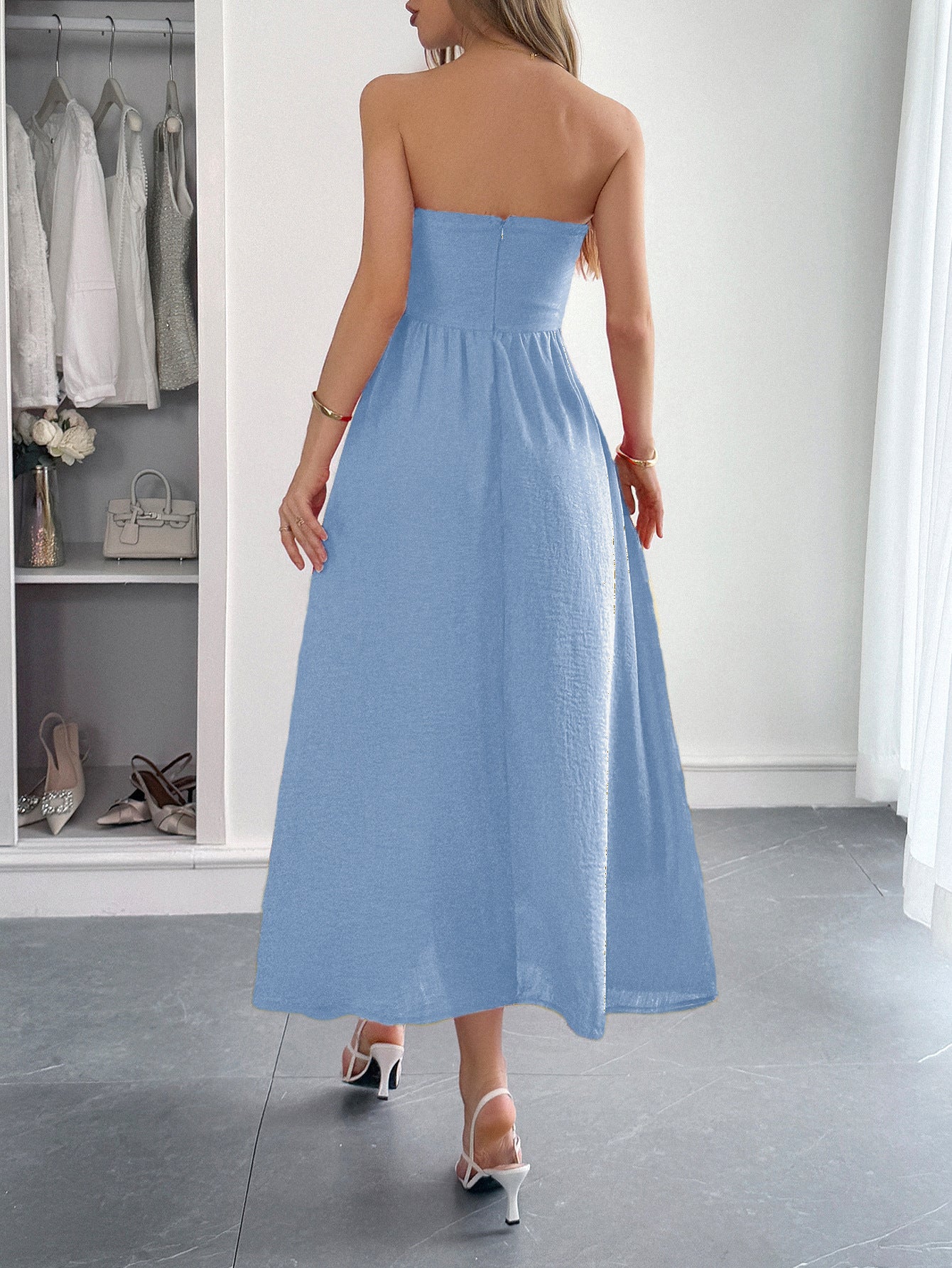 Spring/Summer Women's Elegant Holidays Strapless Slim Waist Long Dress 9