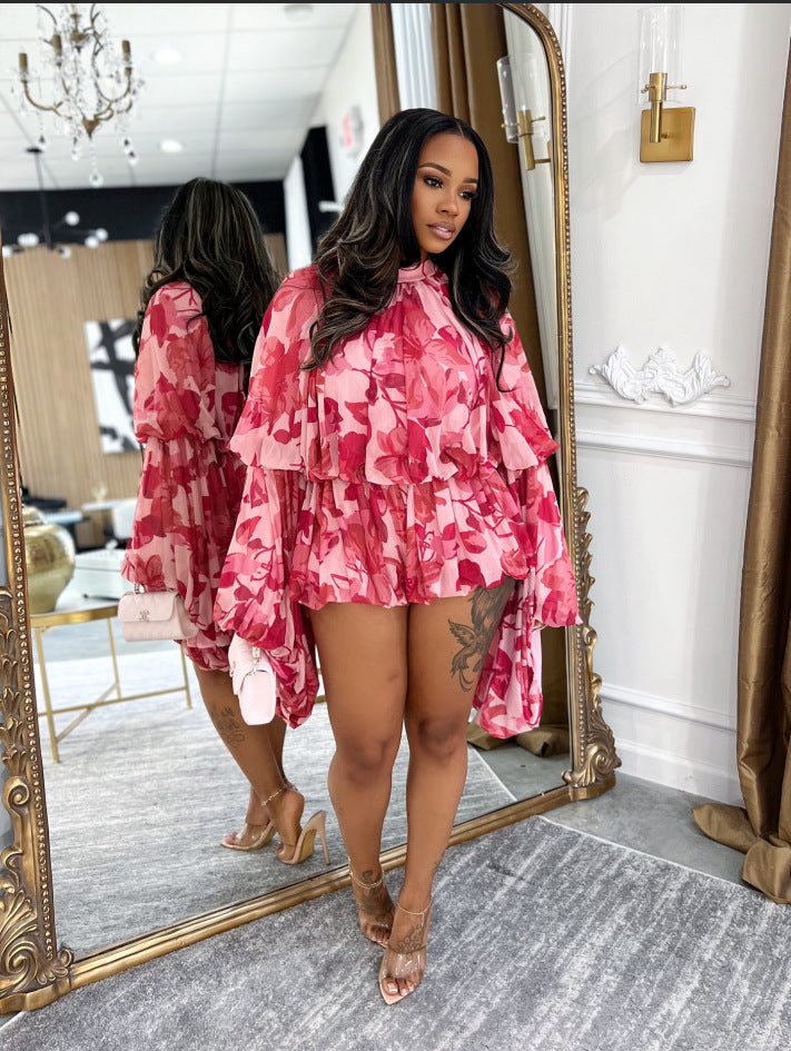 Women's Summer Casual Printed Round Neck Lantern Sleeve Two-Piece Shorts Set 4