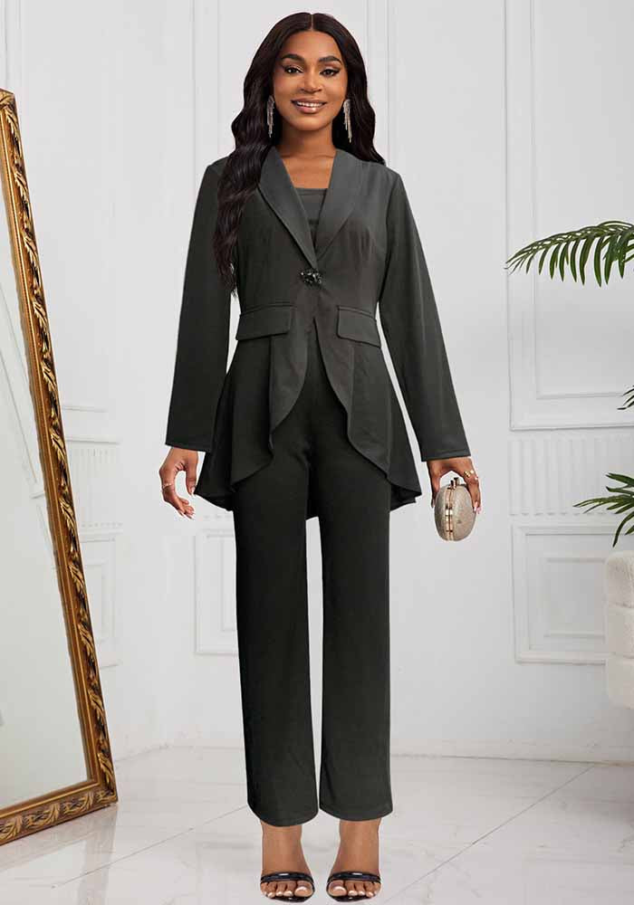 Stylish Solid Color Long Jacket Strap Jumpsuit Two-Piece Set