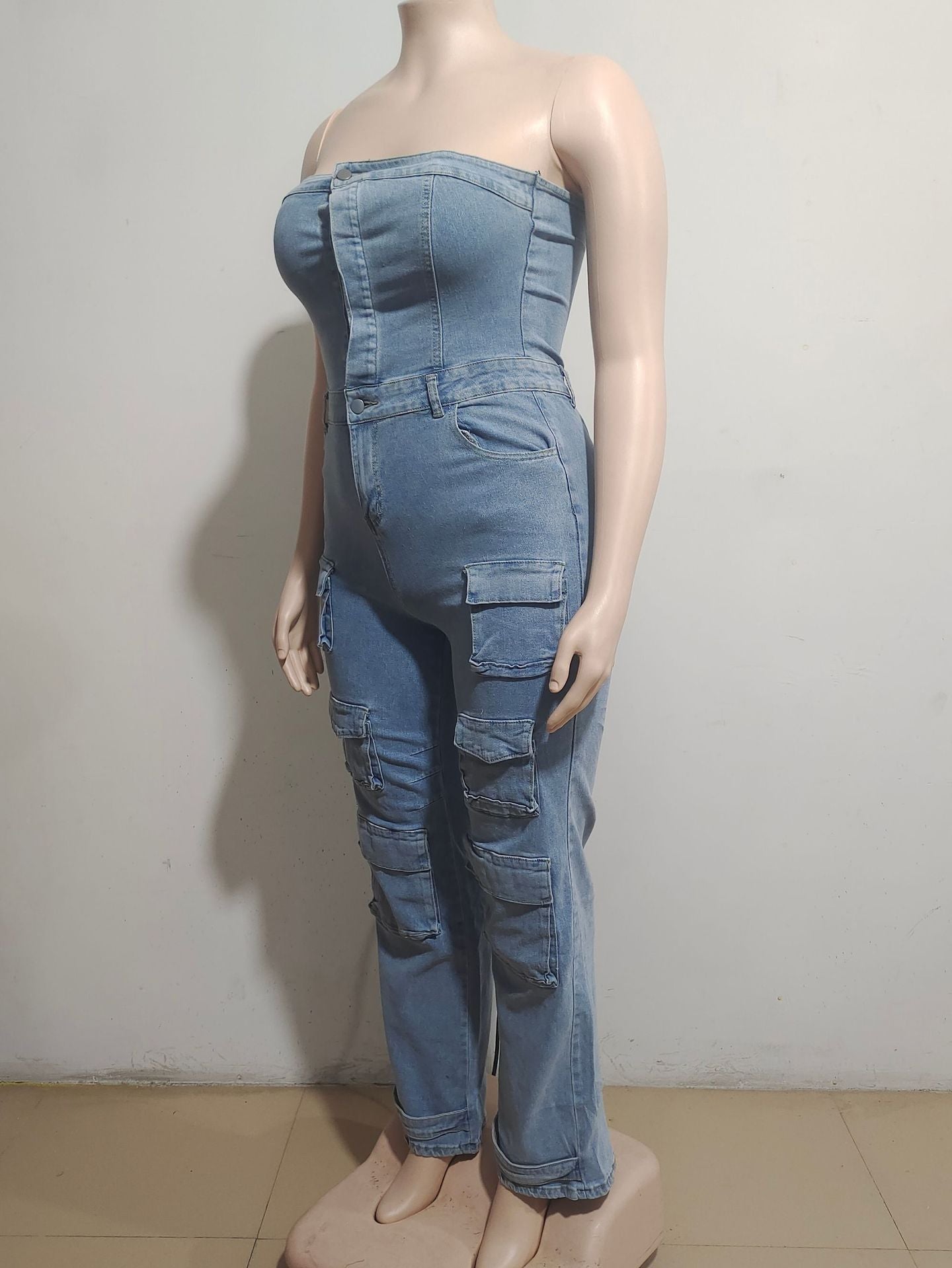 Women Strapless Cargo Denim Jumpsuit 5