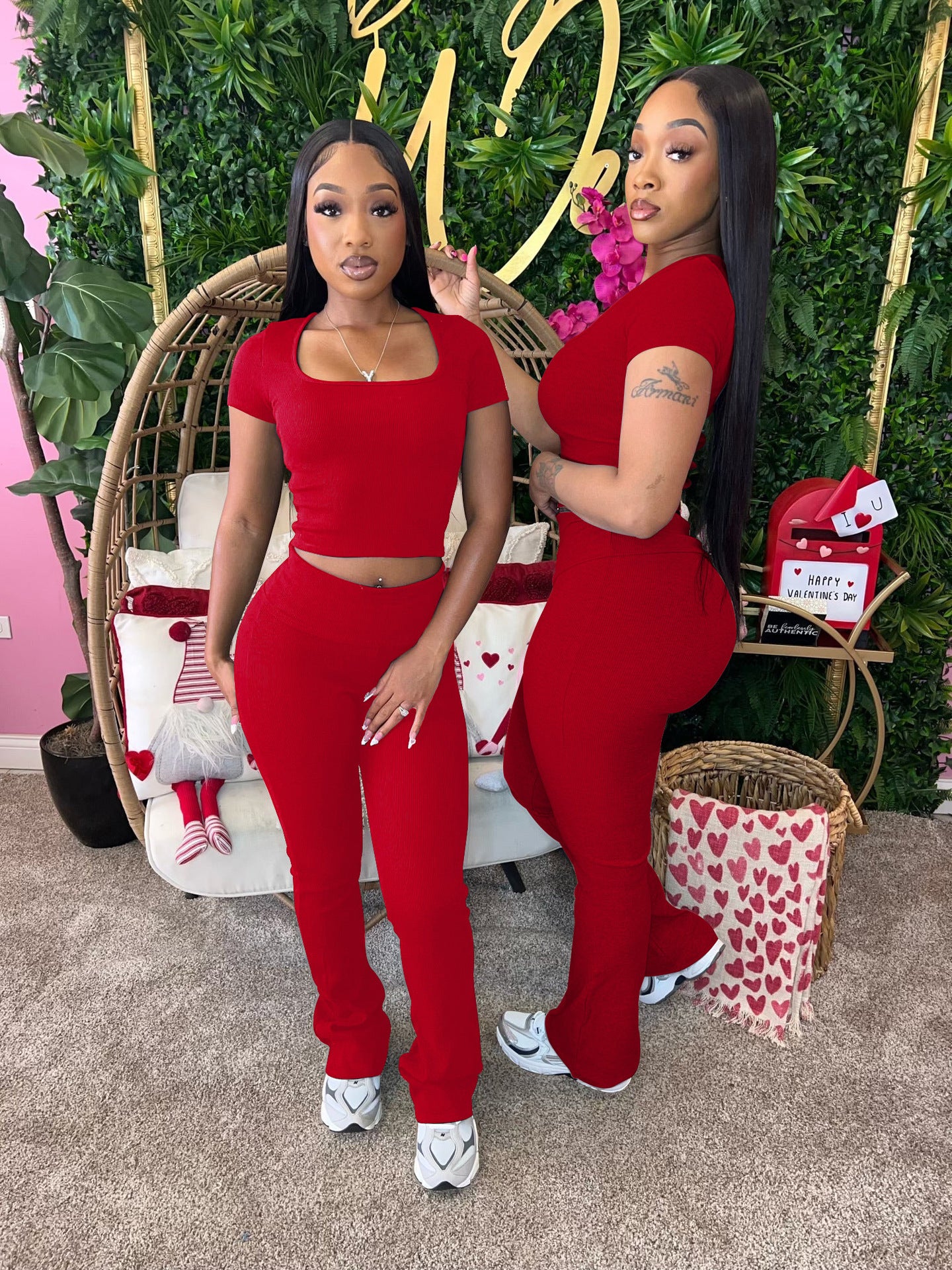 Women Summer Ribbed U-neck Short Sleeve Top and Pant Two-piece Set 3