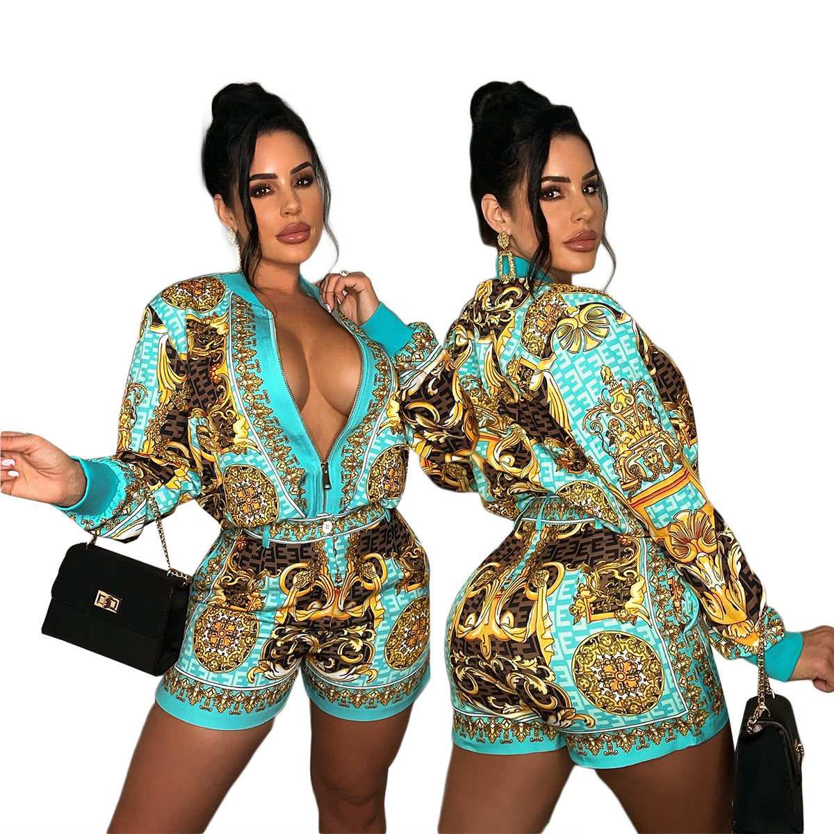 Women Casual Vintage Printed Long Sleeve Top + Shorts Two Piece Set