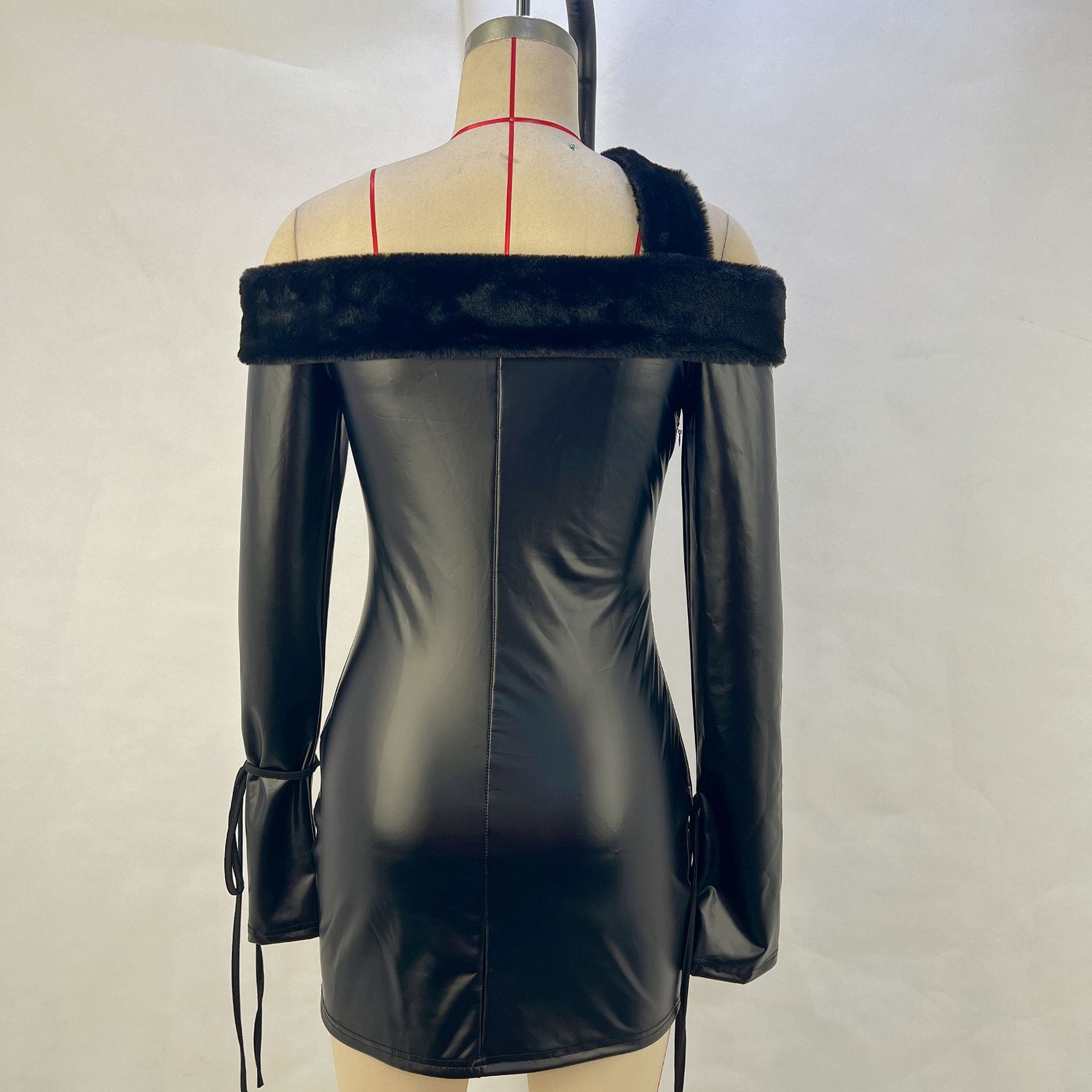 Autumn And Winter Fashionable Women's Clothing Fleece Patchwork Off Shoulder Pu Leather Bodycon Dress 11