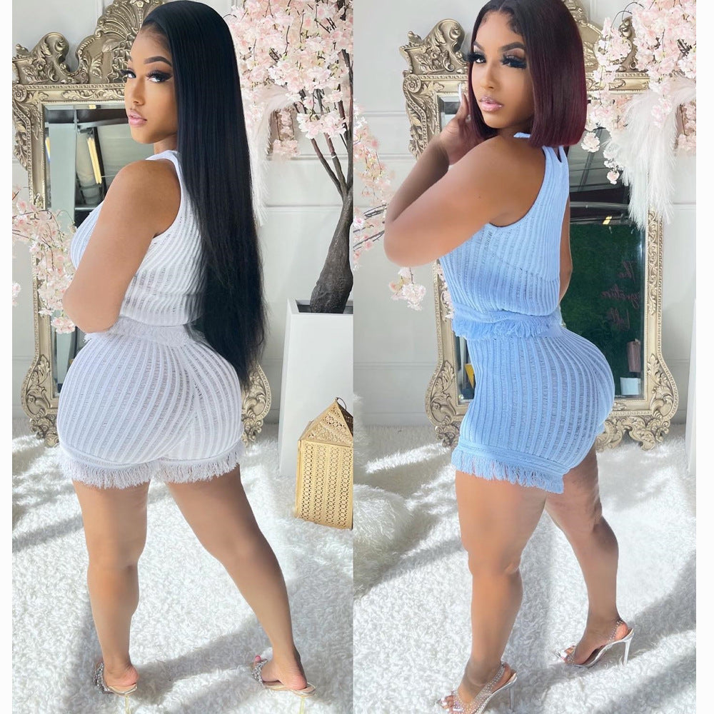 Women'S Sweet Solid Color Tassel Two-Piece Shorts Set 6