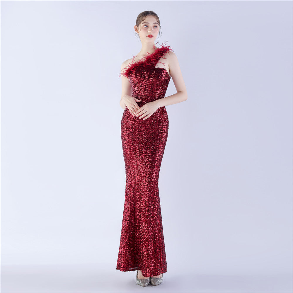 Feather One-Shoulder Slash Shoulder Sequined High-End Evening Dress 14