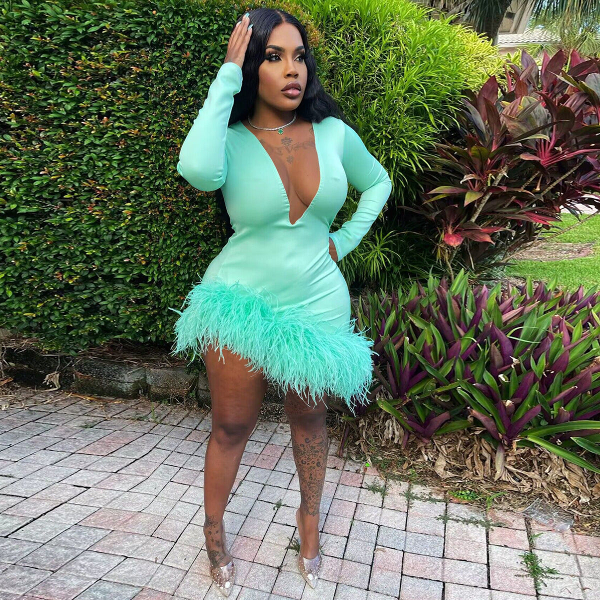 Autumn and winter sexy v-neck fringed dress 5