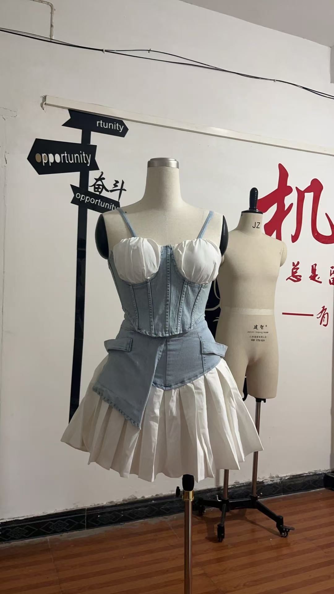 Sexy Denim Patchwork Strap Top & Pleated Mini Skirt Set 6