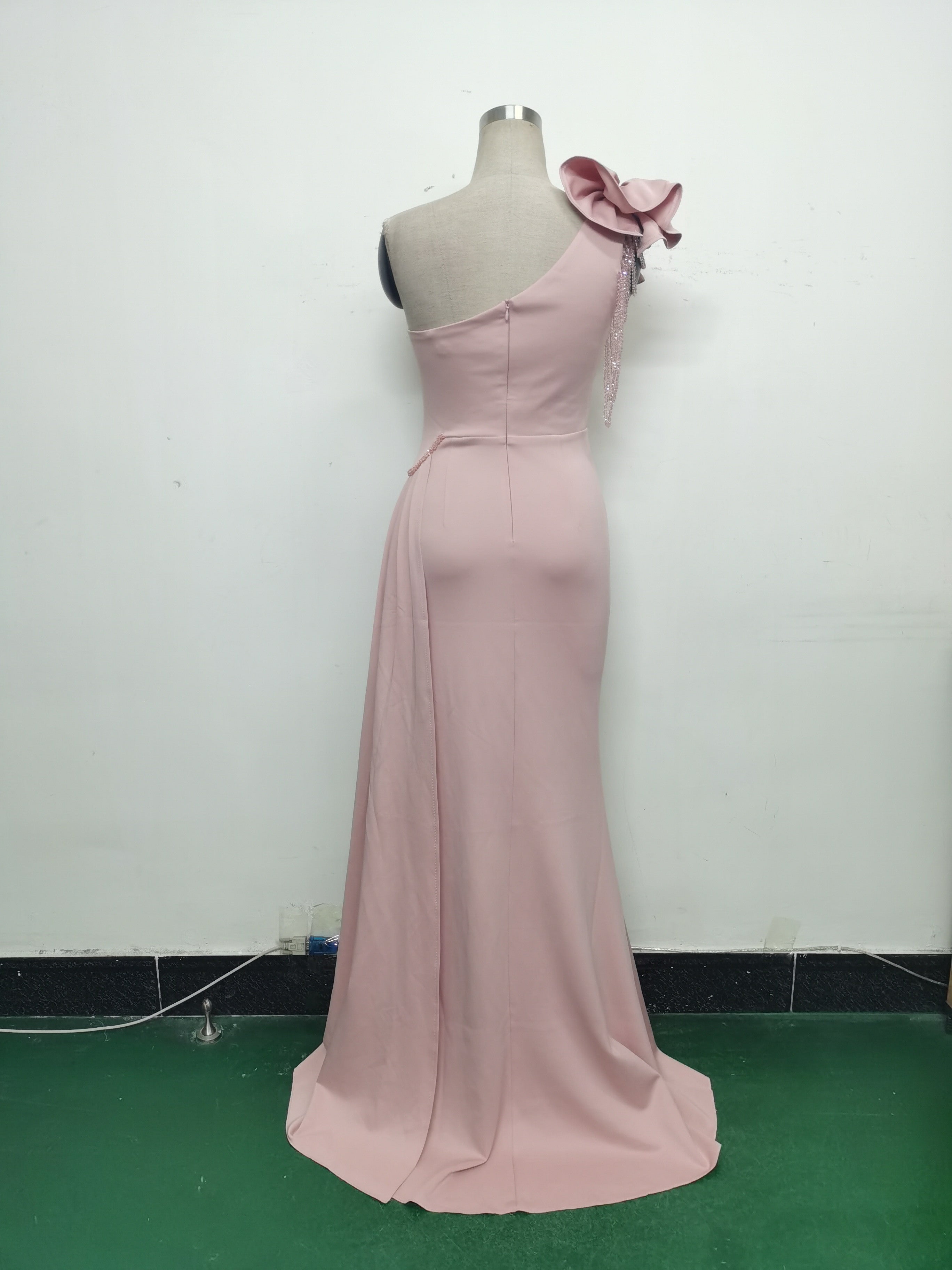 Women Beaded Flower Pleated Off-shoulder Split Evening Dress 29