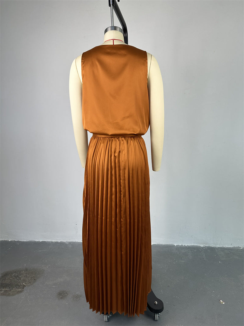 Women Summer Casual Solid Sleeveless Top and Pleated Skirt Casual Two-piece Set 11