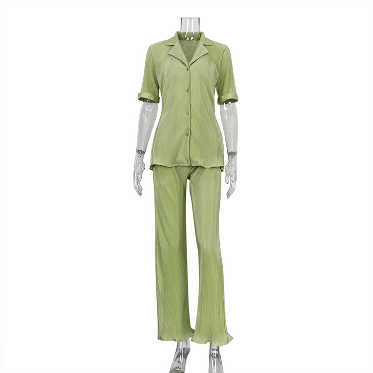 Women Summer French Short Sleeve Shirt And Pleated Wide Leg Pants Two Piece Set 9