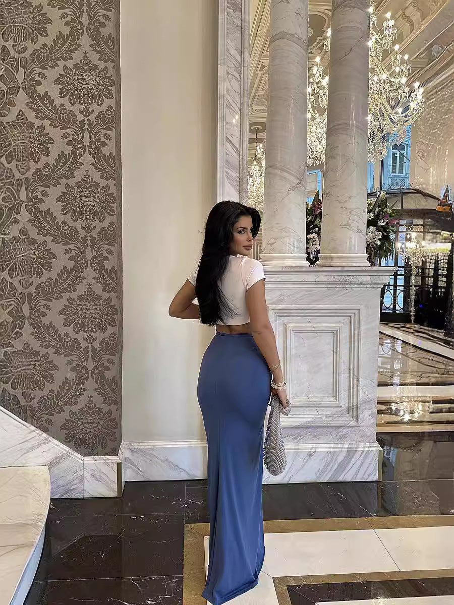 Summer Solid Color Slim Flower Split Long Skirt 8