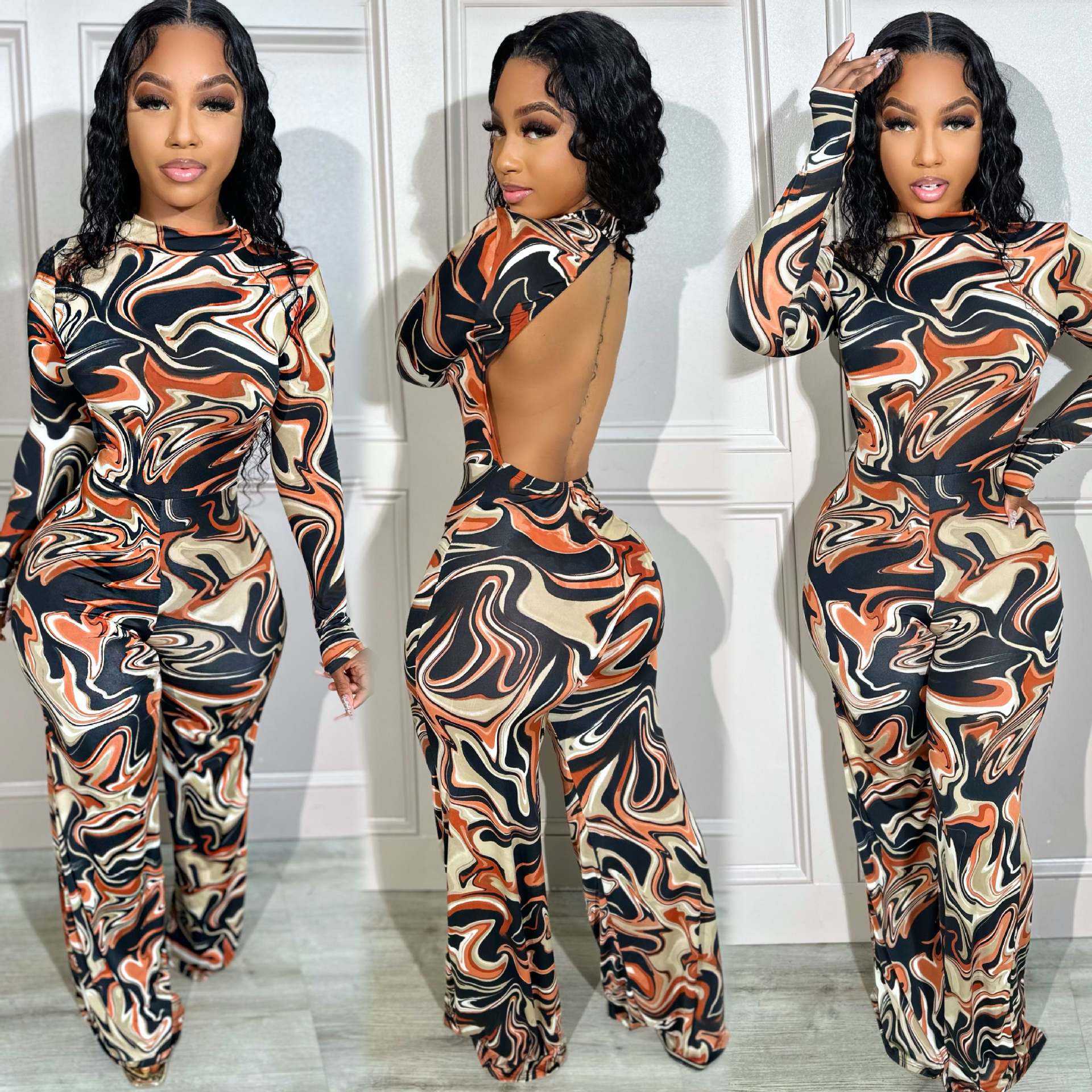 Women sexy backless print long sleeve jumpsuit 4
