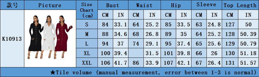 Women's Fashion V-Neck Single Row Buttons Long Sleeve Solid Long Dress 10