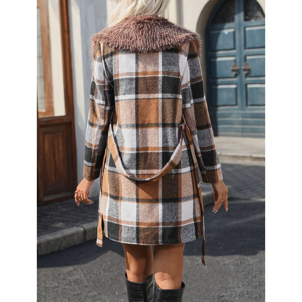 Women Contrast Plaid Patchwork fleece Turndown Collar Loose belt Slim Waist Chic Long Coat 5